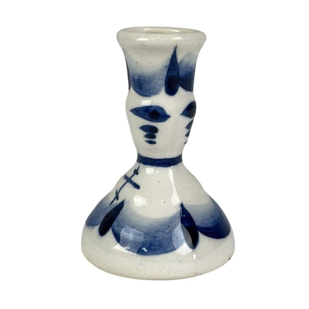 Hand-Painted Blue & White Ceramic Miniature Candleholder Signed K